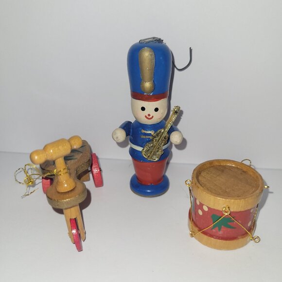 Vintage Wooden Ornament Set of 3 * Soldier Ornament * Drum Ornament * Tricycle - Picture 1 of 2